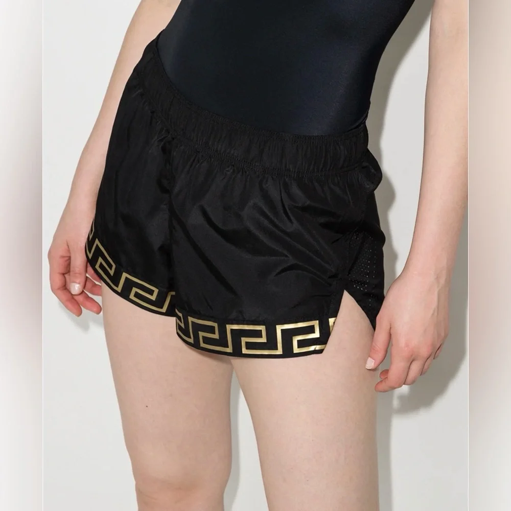 Versace Greca Women's Athletic Shorts in Black with Gold Accents - Picture 2 of 8